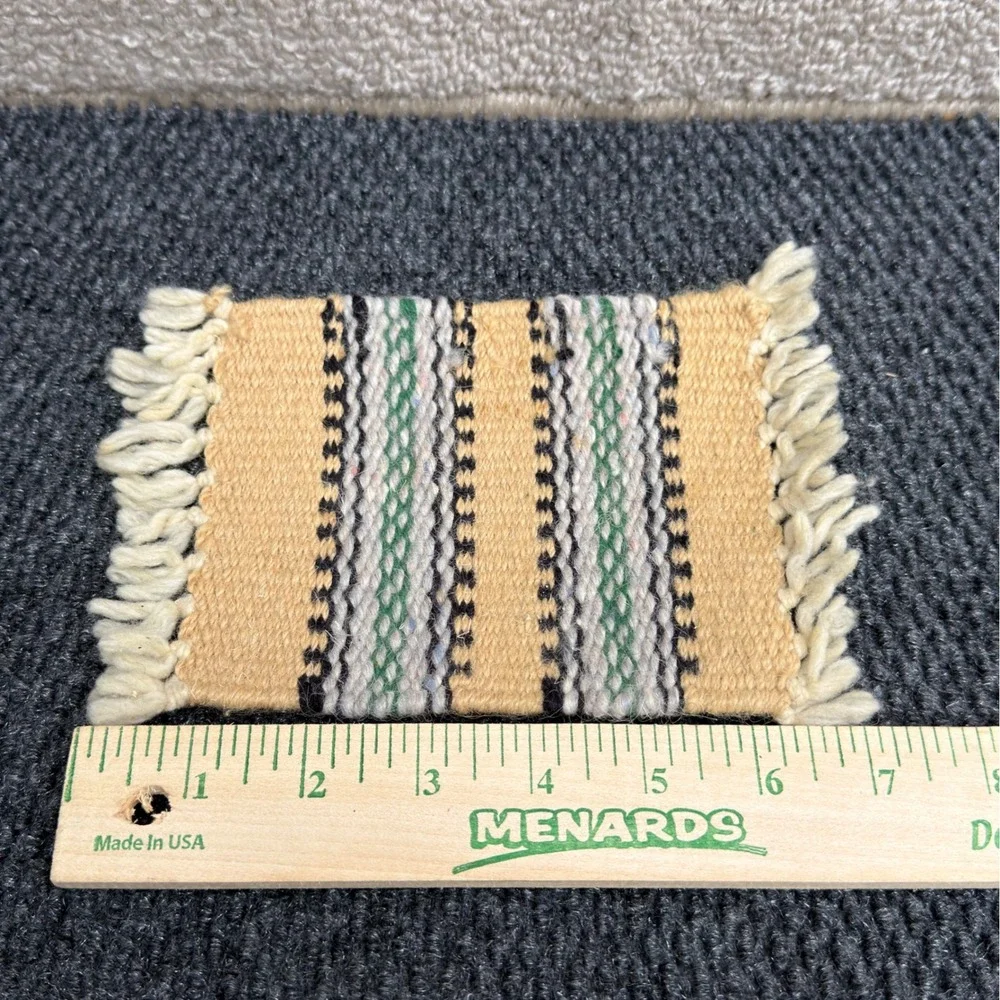 Vintage Southwestern Hand Woven Wool Coasters Set of 8 Mini Rugs Fringed Boho